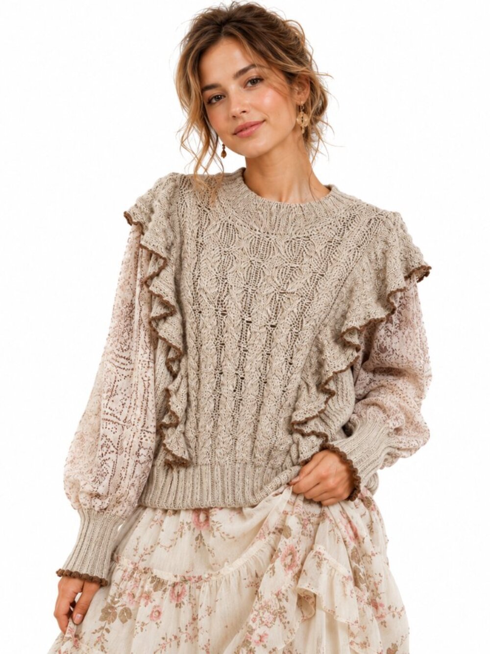 Fate Cable Knit Sweater Womens M Beige Ruffle‎ Puff Sleeve Cottagecore Romantic
